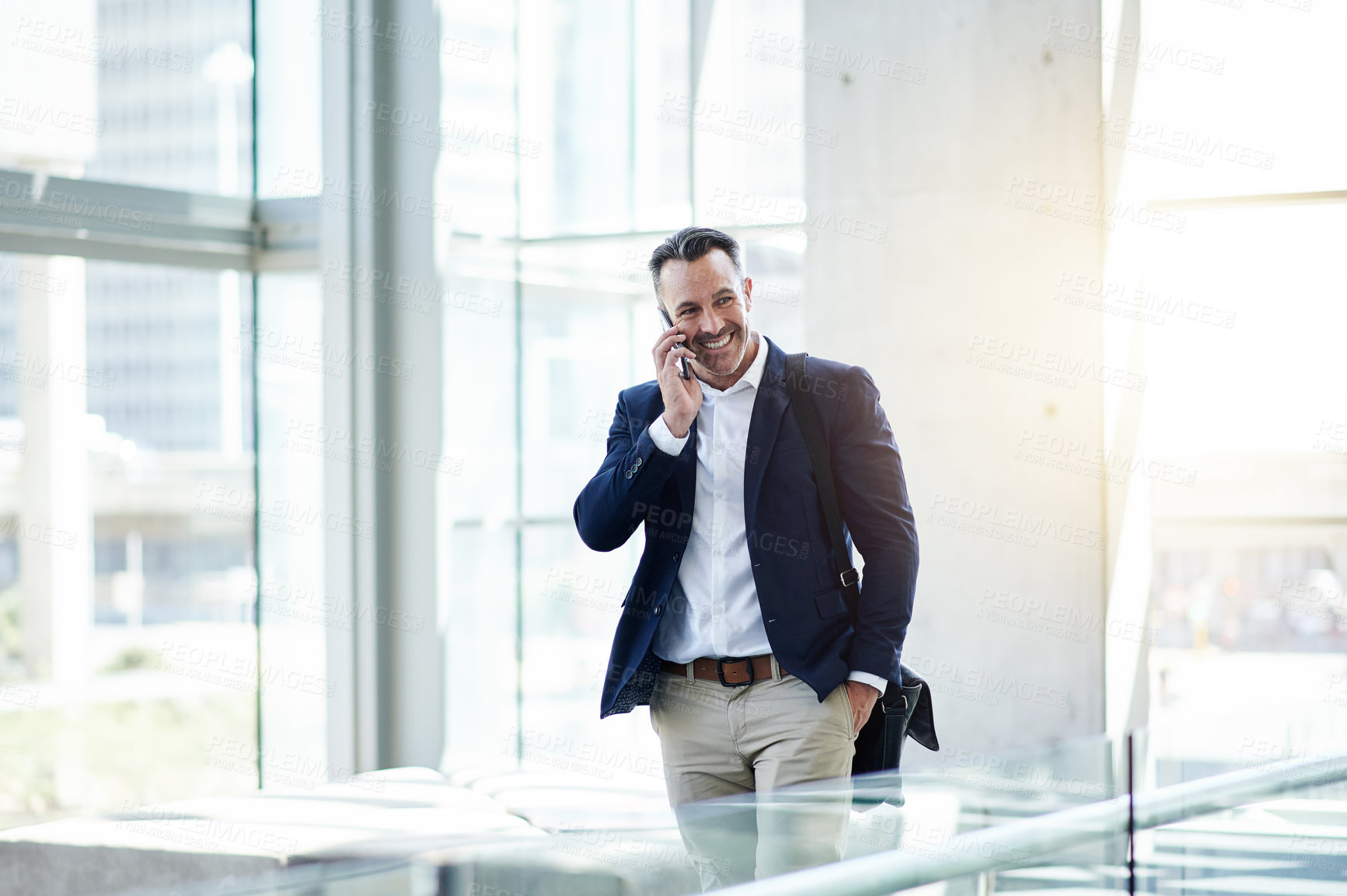Buy stock photo Phone call, mature and happy business man in office for negotiation, insurance offer or deal. Talking, mobile and broker in workplace for conversation, communication and feedback for claims update