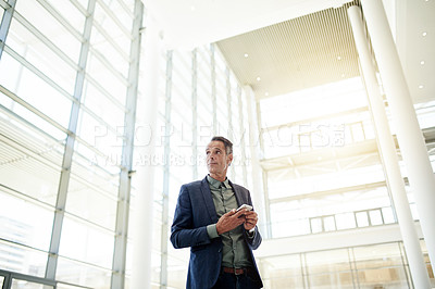 Buy stock photo Thinking, business and man with phone in office for vision, research and architecture design. Mature architect, mobile and below with building planning, development reflection and quality assurance