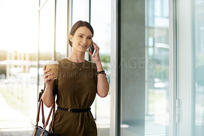 Buy stock photo Happy woman, business and walking with phone call in city for discussion, conversation or chat. Female person, employee or consultant talking on mobile smartphone with coffee for morning negotiation