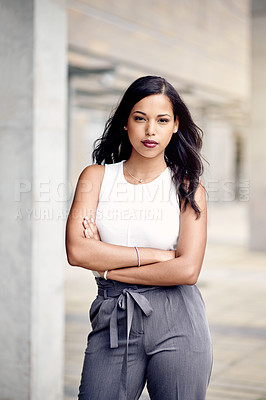 Buy stock photo Woman, serious or lawyer with arms crossed in agency for professional ambition or portrait. Office, confident or female attorney with pride for legal career, about us or mission for justice in job