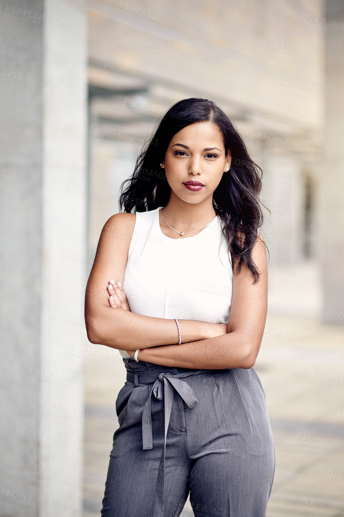 Buy stock photo Woman, serious or lawyer with arms crossed in agency for professional ambition or portrait. Office, confident or female attorney with pride for legal career, about us or mission for justice in job