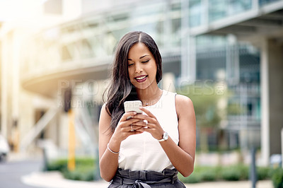 Buy stock photo Happy, texting and businesswoman in city with smartphone for social media, message and website. Smile, company and entrepreneur with mobile app in urban town for online notification and technology