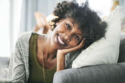 Buy stock photo Portrait, relax and black woman with smile, home and weekend break with confidence in living room. Apartment, positive mindset or African person with happiness, calm or peaceful with rest or wellness