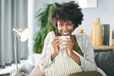 Buy stock photo Smile, coffee and portrait of black woman on sofa with drink for relax, calm and wellness in home. Happy, morning and person with beverage on couch for peace, comfortable and resting on weekend