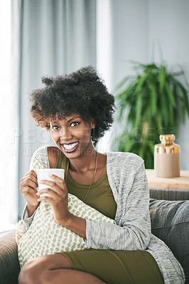 Buy stock photo Relax, coffee and portrait of black woman on sofa with drink for peace, calm and wellness in home. Living room, morning and person with beverage on couch for resting, comfortable and happy on weekend