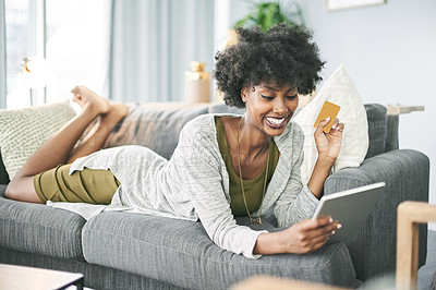 Buy stock photo Credit card, online shopping and black woman on tablet on sofa for sale, payment and digital order. Happy, home and person on tech with bank info for website discount, internet purchase and ecommerce