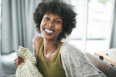 Buy stock photo Happy, portrait and relax with woman on sofa in living room of home for break, me time or wellness. Afro, smile and teeth with satisfied African person in apartment for weekend optimism or rest