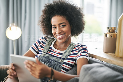 Buy stock photo Girl, relax and student with tablet on sofa for scholarship application, course research and portal. Happy, black person and portrait with technology in home with elearning and college registration