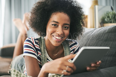 Buy stock photo Girl, student and relax with tablet on sofa for university application, elearning app or research. Portrait, black person and smile with digital tech in home for course registration or college portal
