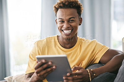 Buy stock photo Man, student in portrait and tablet in house for scroll, internet search or ebook app for remote learning. Black person, tech for elearning application or university network to connect in home