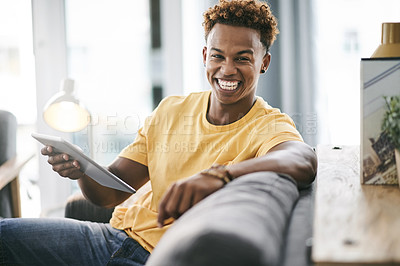 Buy stock photo Student, smile and person in portrait with tablet in home, internet search or ebook app for remote learning. Black man, tech for elearning application or university network to connect in house