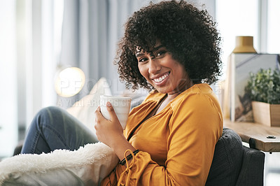 Buy stock photo Coffee, happy and portrait of woman in home with calm relax or peaceful morning on weekend break. Smile, chilling and female person from Brazil with warm beverage in living room at apartment.