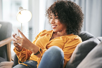 Buy stock photo Home, smile and woman on sofa, cellphone and message to contact, social media and relax. Happy, smartphone and person with meme, typing and communication with connection, online reading or internet