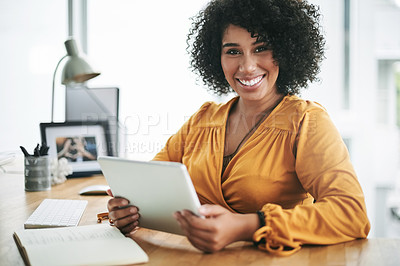 Buy stock photo Agency, portrait and tablet with editor woman at desk in office for online fashion magazine. App, publication and smile with business person in workplace to post or review article for virtual column