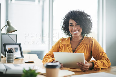 Buy stock photo Tablet, portrait and happy business woman in office as journalist with research for article headline. Smile, technology and confident news reporter in workplace with creative professional in Brazil