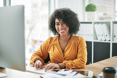 Buy stock photo Portrait, employee and black woman with computer, office or confident for career growth or creative. Happy, graphic designer and ambitious for job opportunity, pride and positive attitude at tech