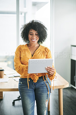 Buy stock photo Tablet, creative and business woman in office for website, social media marketing and online branding. Ad agency, happy and person on tech for digital portfolio, internet and research for seo review