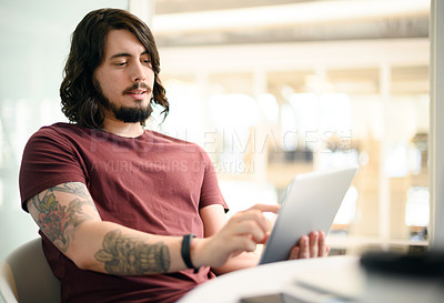 Buy stock photo Man, tablet or planning for web design research, ideas or vision for it programming algorithm. Coder, designer or software developer reading on technology for communication, social media or iot app
