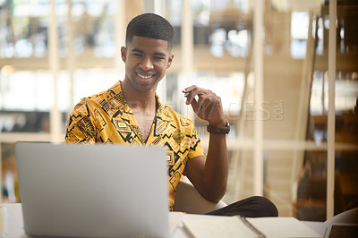 Buy stock photo Business, man and reading on laptop in office for email feedback, communication or networking. Digital designer, employee and tech at desk for online content review or social media marketing campaign