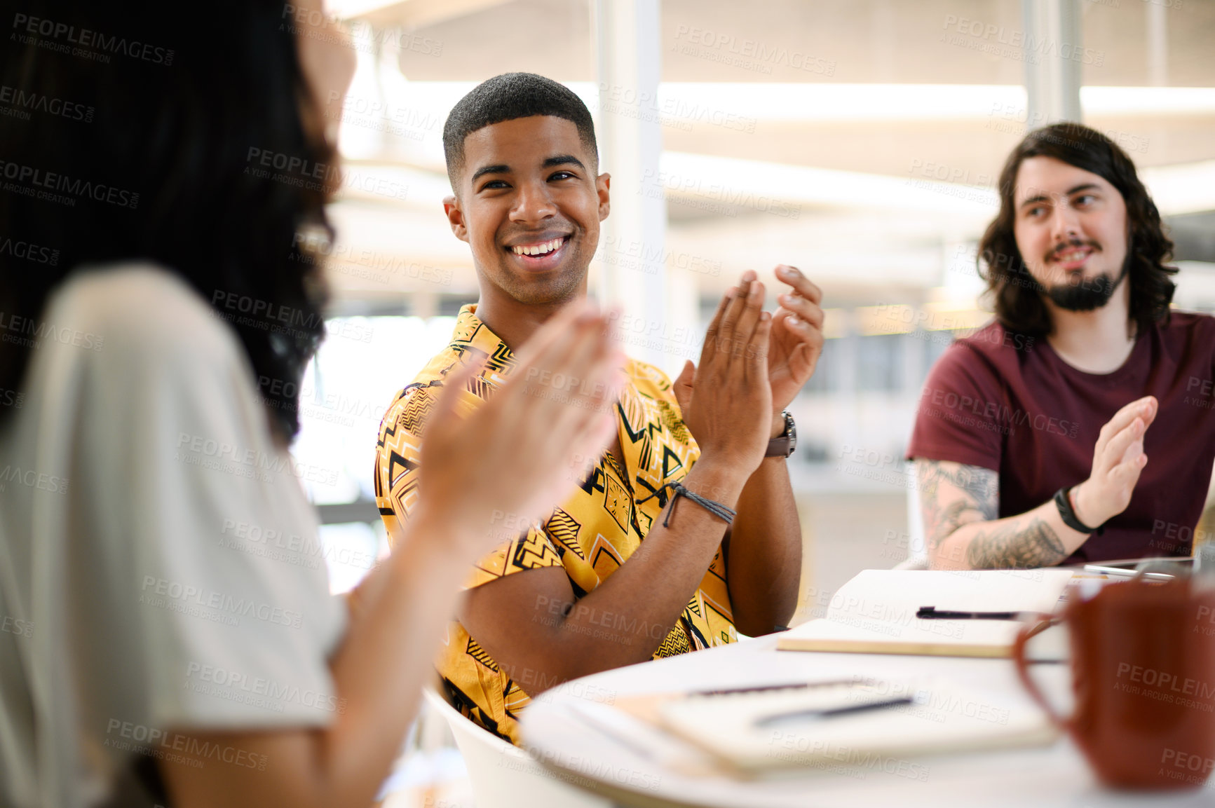 Buy stock photo Excited, business people and applause with team in meeting for winning, promotion or congratulations at office. Group of happy employees clapping with smile for presentation or thank you at workplace