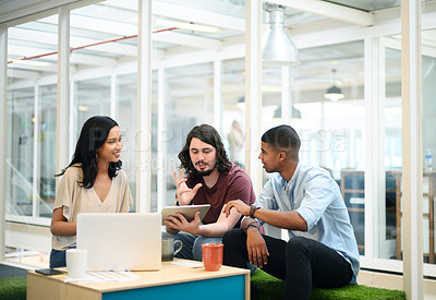 Buy stock photo Reading, business people and tablet with team in office, planning and online research for startup. Collaboration, employees and laptop with tech for information, discuss and prepare for presentation