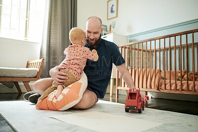 Buy stock photo Dad, child and playing with truck toy in family home or bedroom carpet on floor. Happy man or father and boy, toddler or kid together to play for growth development, learning and care or quality time