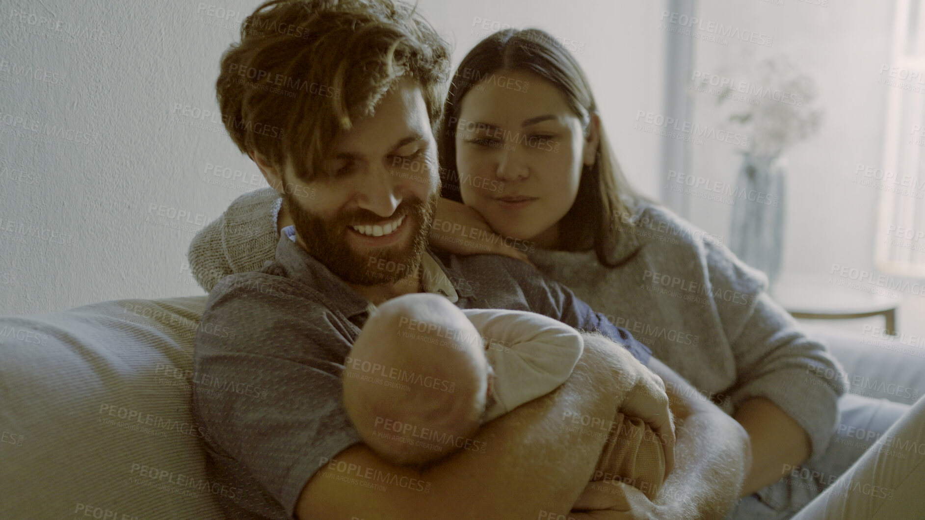 Buy stock photo House, mom or dad with baby in a happy family to relax or bond together for child development. Smile, hug or excited father with a proud mother or newborn infant for love, safety or trust on sofa