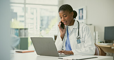 Buy stock photo Female doctor, phone call and laptop with results in hospital, clinic or medical office for remote consultation. Black woman, healthcare and discussion of information for insurance, quote or cover