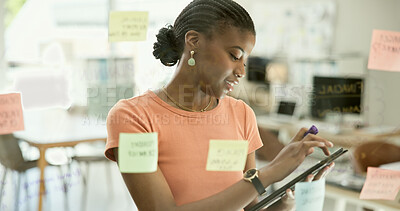 Buy stock photo Woman, tablet and sticky notes on glass, planning and thinking or strategy for company. Black person, online research and brainstorming for startup, project and mind map for idea or creative on tech
