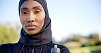 Portrait, black woman and hijab for fitness at park for empowerment, confidence and exercise. Runner, female athlete and muslim person outdoor for wellness, serious and space for modest activewear