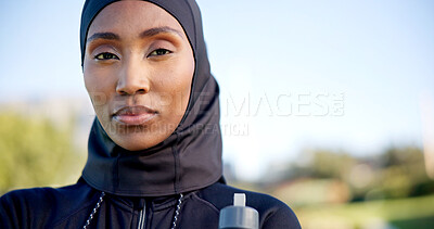 Buy stock photo Portrait, black woman and hijab for fitness at park for empowerment, confidence and exercise. Runner, female athlete and muslim person outdoor for wellness, serious and space for modest activewear