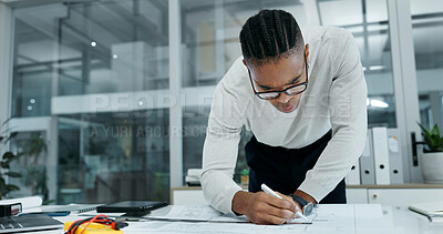 Buy stock photo Architecture, blueprint and man in office for drawing, planning and sketch for property layout. Documents, project and African person with floor plan for renovation, remodeling and building design