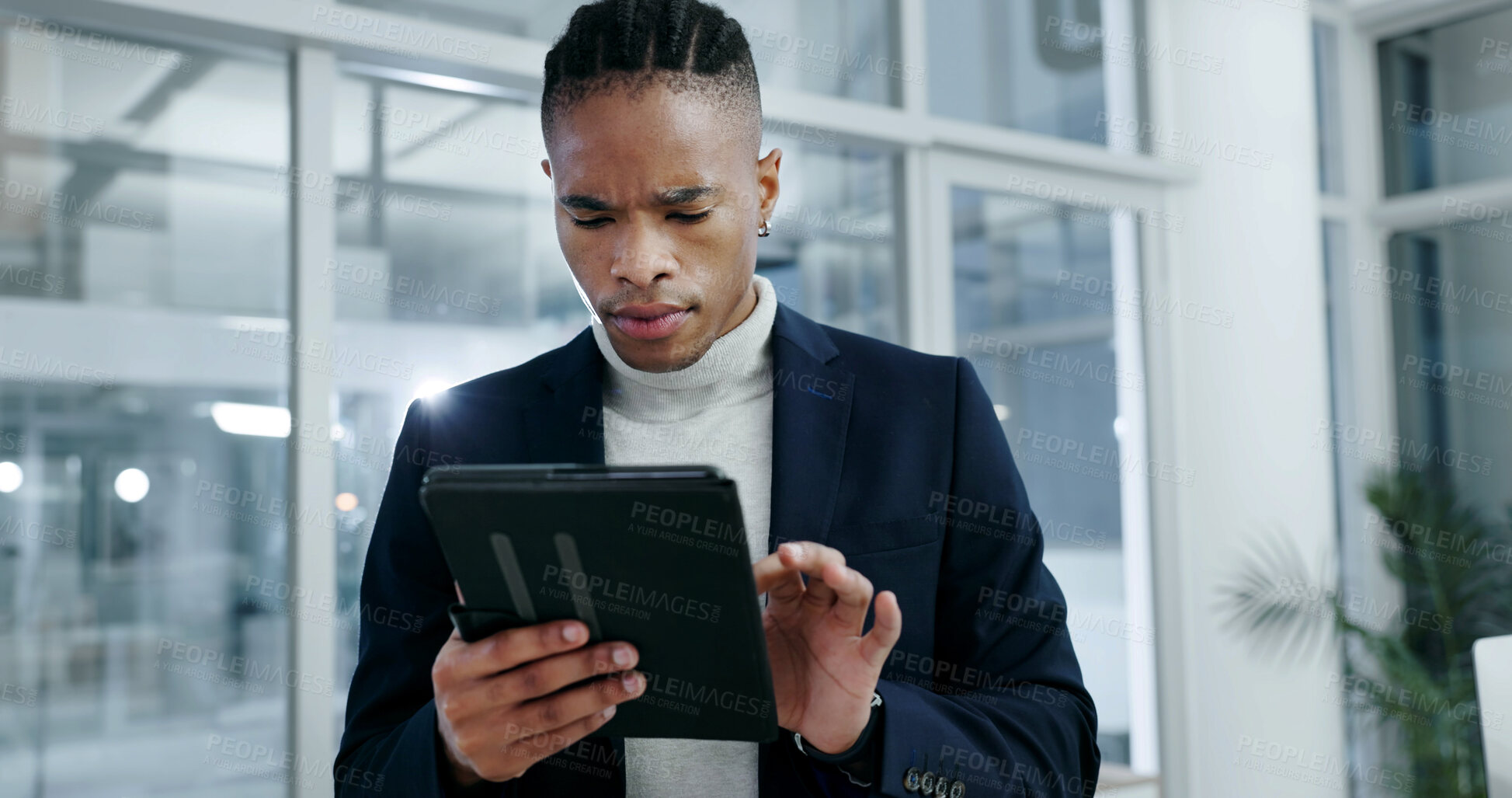 Buy stock photo Businessman, reading and scroll in office with tablet, check email and daily admin for finance job. African person, browsing and tech in workplace for online schedule, financial report and review