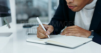 Buy stock photo Writing, information and hands with notebook in office, accountant or tax preparation with research. Budget, review and person with notes, financial forecast and audit business records with notepad