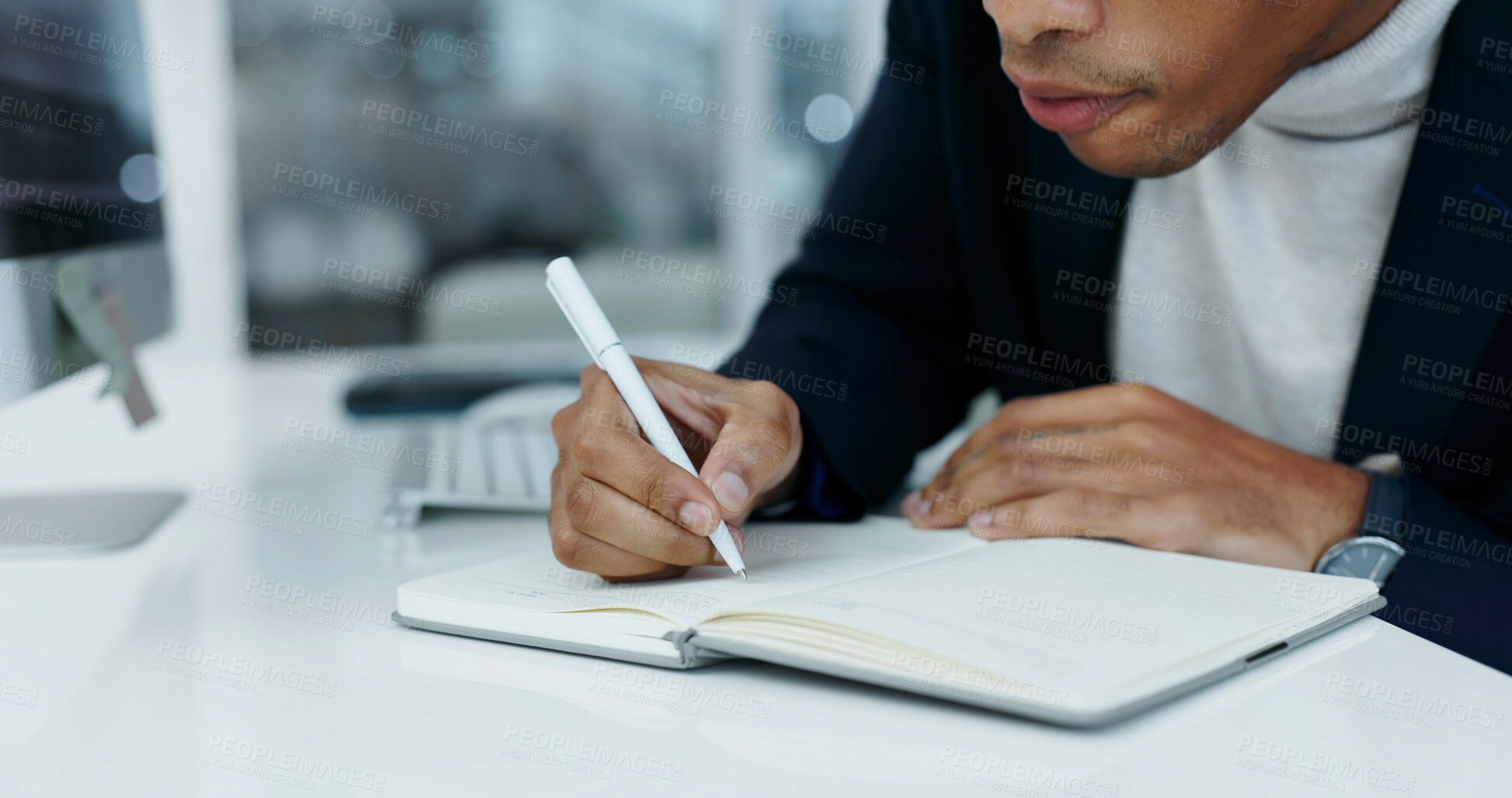 Buy stock photo Writing, information and hands with notebook in office, accountant or tax preparation with research. Budget, review and person with notes, financial forecast and audit business records with notepad