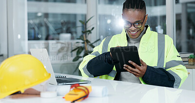 Buy stock photo Builder, man and research in office with tablet, good news or online update for property development. Flare, black person and construction worker with tech, email and happy with project feedback.