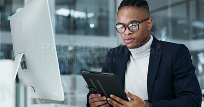 Buy stock photo Business, man and reading tablet in office for trade execution, market research or monitor trends. Black person, trader or glasses with tech for economic calendar, live price action and entry timing