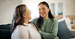 Happy, mom and home with adult daughter for weekend visit, holiday or conversation together. Mother, woman and discussion with smile for friendly chat, communication or bonding vacation in house