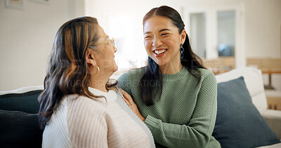 Buy stock photo Happy, mom and home with adult daughter for weekend visit, holiday or conversation together. Mother, woman and discussion with smile for friendly chat, communication or bonding vacation in house