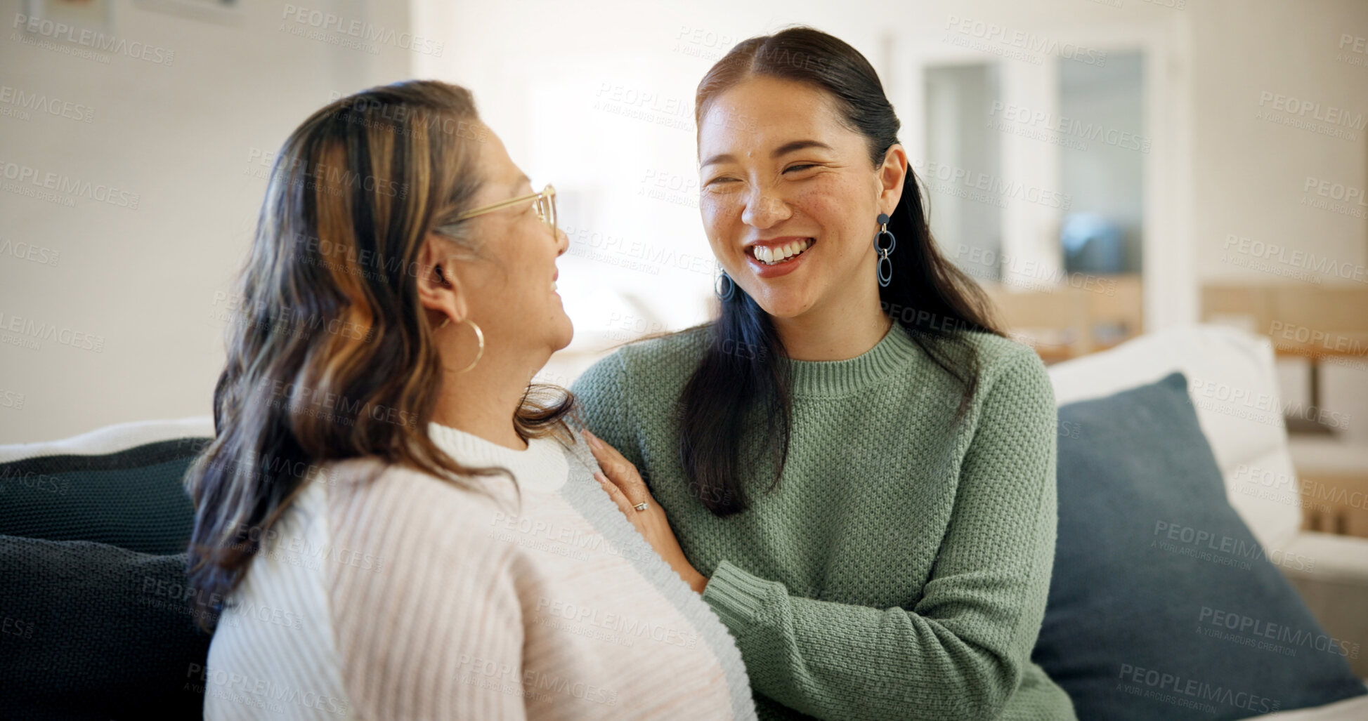 Buy stock photo Happy, mom and home with adult daughter for weekend visit, holiday or conversation together. Mother, woman and discussion with smile for friendly chat, communication or bonding vacation in house