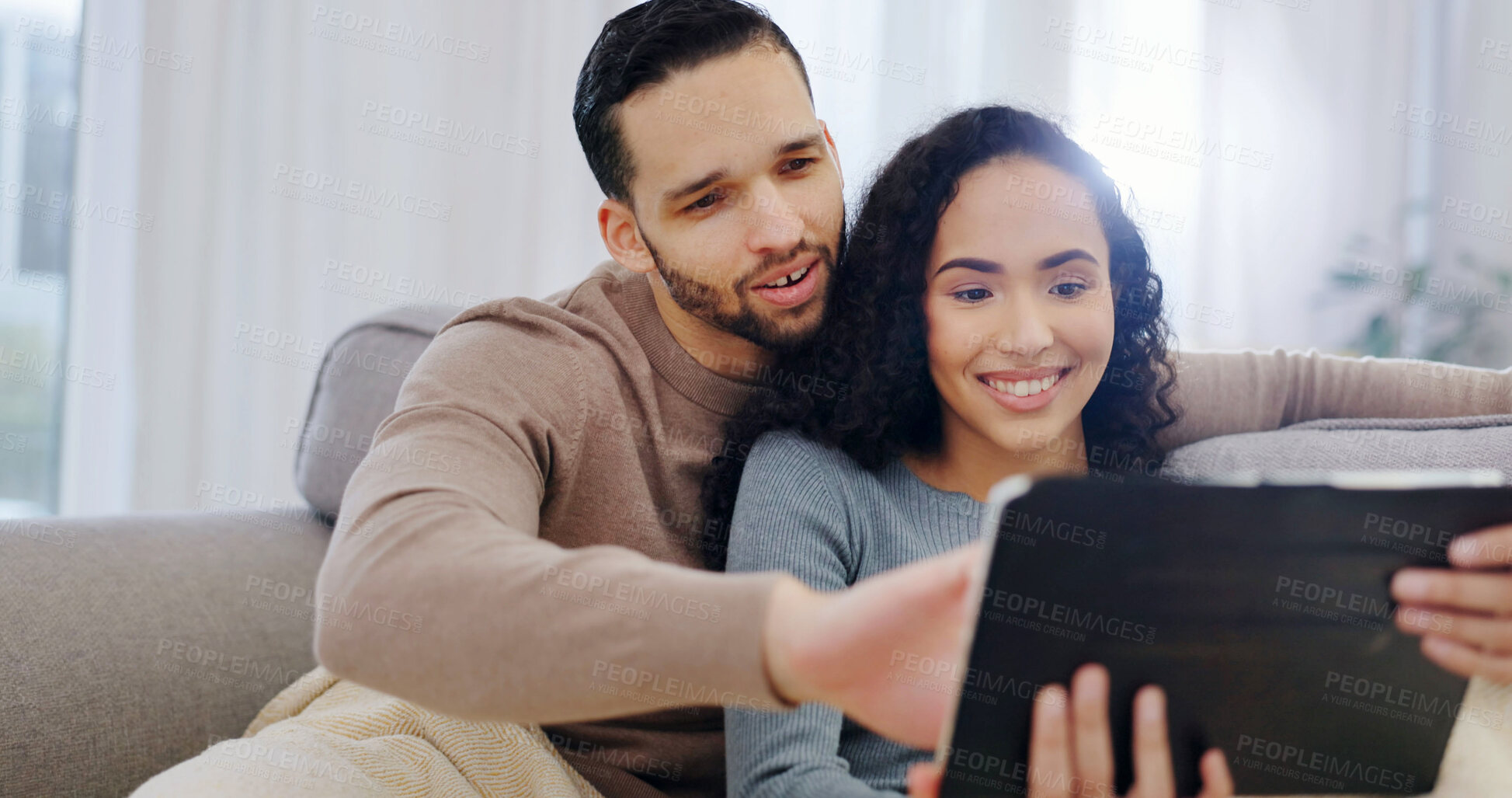 Buy stock photo Happy, relax and couple on sofa with tablet, online subscription and option for streaming movie. Home, marriage and man with woman on tech, website and watching videos for bonding, love and talking