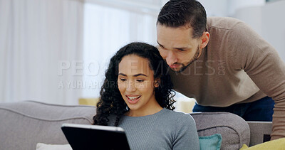 Buy stock photo Happy, talking and couple on sofa with tablet, website and options for online shopping on weekend. Home, marriage and man with woman on tech, web store and internet for bonding, love and decision