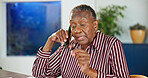 Anger, issue or old woman in home with phone call, difficult conversation or argument in online chat. Retirement, upset or black person with tech, network problem or miscommunication on virtual app.
