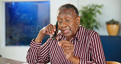 Buy stock photo Anger, issue or old woman in home with phone call, difficult conversation or argument in online chat. Retirement, upset or black person with tech, network problem or miscommunication on virtual app.
