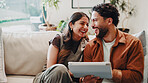 Relax, couple and laugh with tablet on sofa for social media meme, funny online reel and bonding. Marriage, people and happy with tech in home for comic internet post, healthy relationship or support