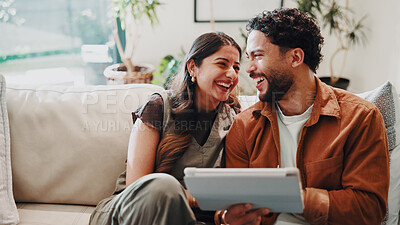 Buy stock photo Relax, couple and laugh with tablet on sofa for social media meme, funny online reel and bonding. Marriage, people and happy with tech in home for comic internet post, healthy relationship or support