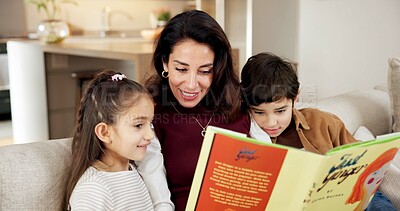 Buy stock photo Happy, mom and reading book in home with children, education and learning with fairytale literature. Woman, kids and discussion on couch with fiction novel, storytelling and language development.