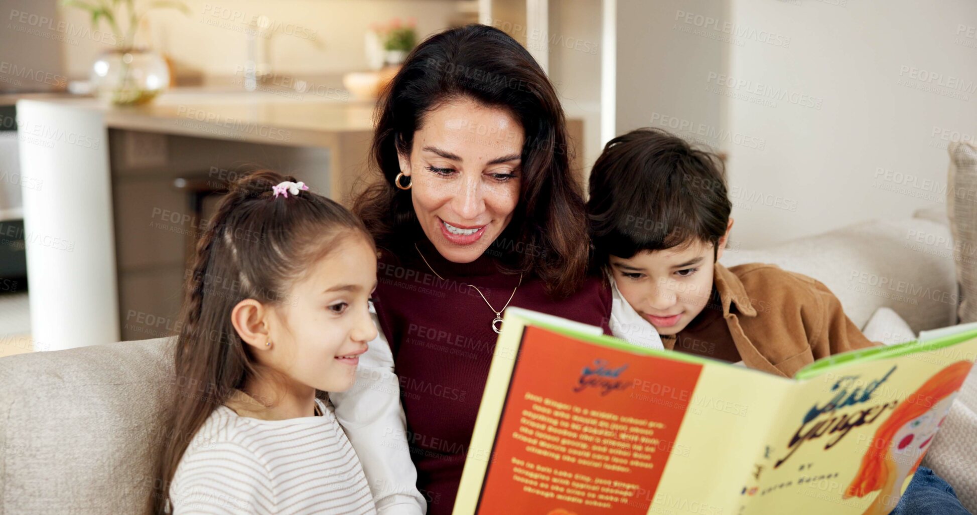 Buy stock photo Happy, mom and reading book in home with children, education and learning with fairytale literature. Woman, kids and discussion on couch with fiction novel, storytelling and language development.