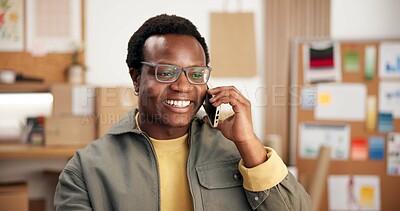 Buy stock photo Logistics, phone call and man with smile in small business, ecommerce or communication with contact. Supply chain, entrepreneur and black person with mobile, discussion and happy for delivery update