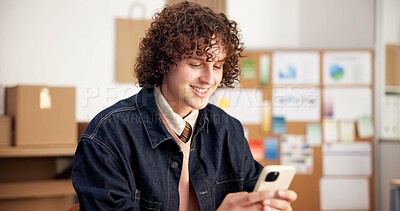 Buy stock photo Logistics, small business and man with phone, message and delivery update on social media and chat. Texting, online and happy person with mobile, supply chain or communication with contact in startup